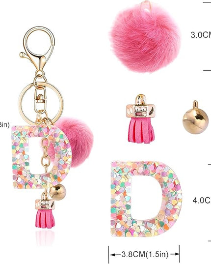 Resin Alphabet Initial Letter Keychain Keyring for Women Purse Handbags With Fur Ball Pom