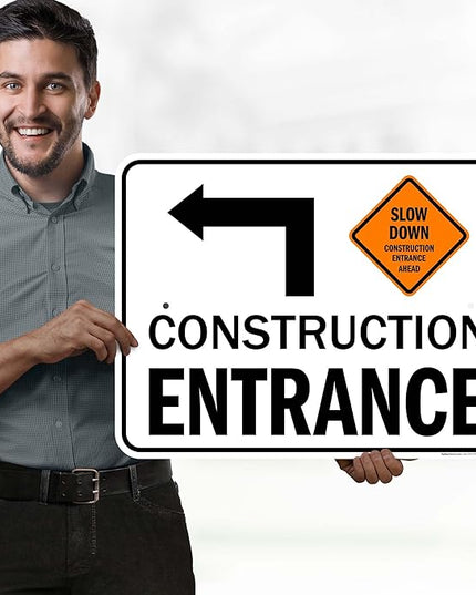 Slow Down Construction Entrance Ahead With Left Arrow Sign, 18x24 Inches, Rust Free .063 Aluminum, Fade Resistant, Made in USA by My Sign Center