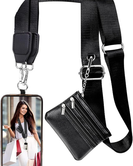 XANGNIER Clip and Go Strap for Phone with Wallet Crossbody, Phone Strap with Zippered Wallet, Adjustable Anti Theft Cellphone Lanyard for Women, Cellphone Chain Accessories, Black
