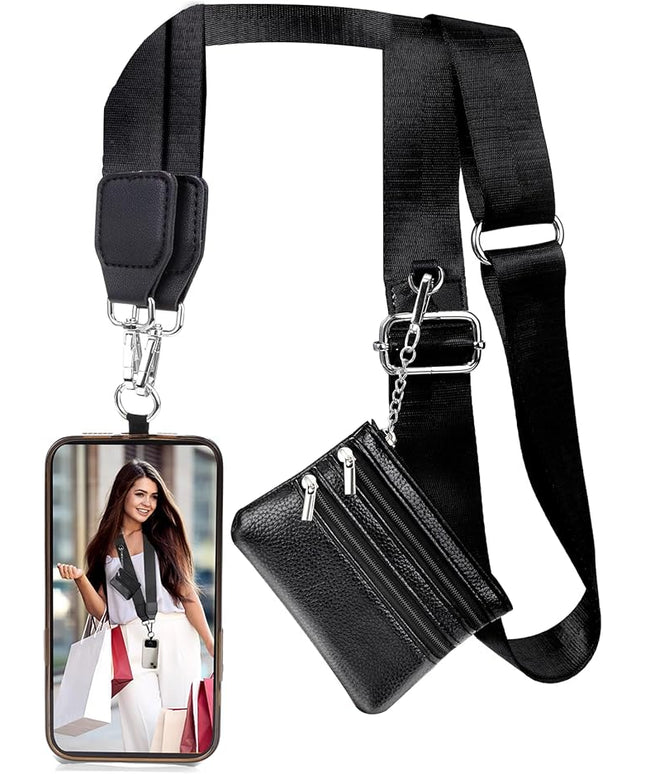 XANGNIER Clip and Go Strap for Phone with Wallet Crossbody, Phone Strap with Zippered Wallet, Adjustable Anti Theft Cellphone Lanyard for Women, Cellphone Chain Accessories, Black