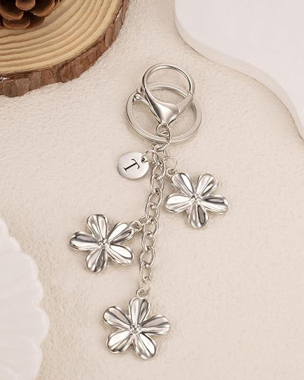 XGALBLA Gold/Silver Initial Keychain Flower Charms for Key Cute Letter Keyring for Purse Handbag Backpack