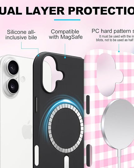 Magnetic for iPhone 17 Case Cute Checkered Stripes Phone Case for Women Girls, Shockproof Slim TPU and Hard PC Protective Phone Cover Compatible with MagSafe Designed, Pink