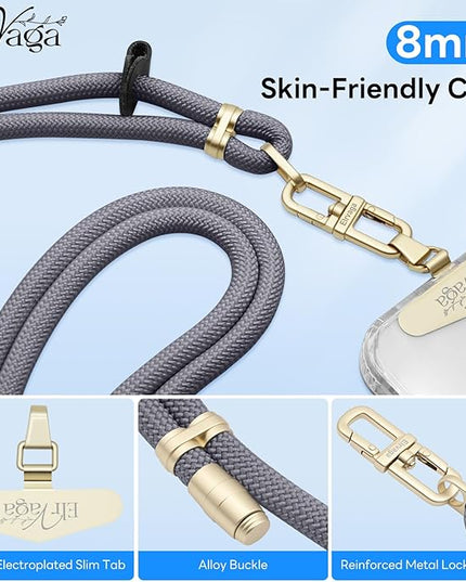 Adjustable Anti-Theft Phone Lanyard Neck & Crossbody Strap with 0.2mm Metal Tab & Comfort-Fit 8mm Rope (Light Gray)