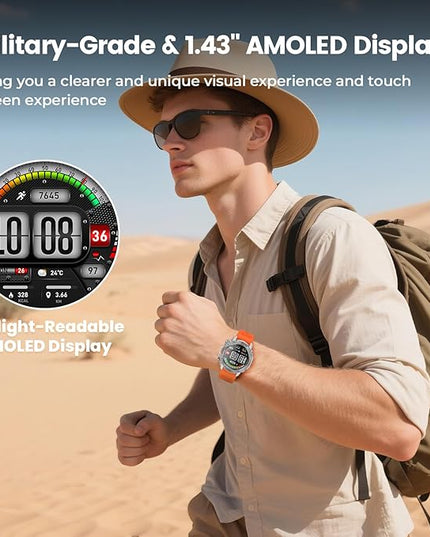 WalkerFit Smart Watch for Men, 1.43" Round AMOLED, 5ATM Waterproof, Heart Rate & Sleep Monitor,Long Battery,Outdoor Activity Tracker,Voice Control&Bluetooth Call,Compatible with iPhone Android, Orange