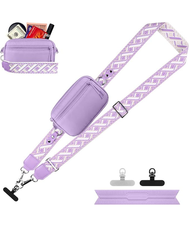 Clip and Go Strap for Phone with Wallet Crossbody, Adjustable Phone Lanyard with Detachable RFID Wristlet Wallet, Pattern Strap, Purple (M)