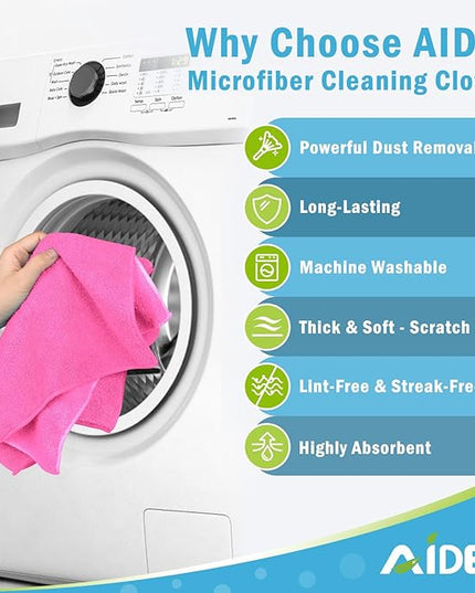 AIDEA Microfiber Cleaning Cloth-12PK, Soft Microfiber Towels for Cars, Absorbent Cleaning Rags, Lint-Free Streak-Free Wash Cloths for House, Kitchen, Window(12in.x12in), Pink