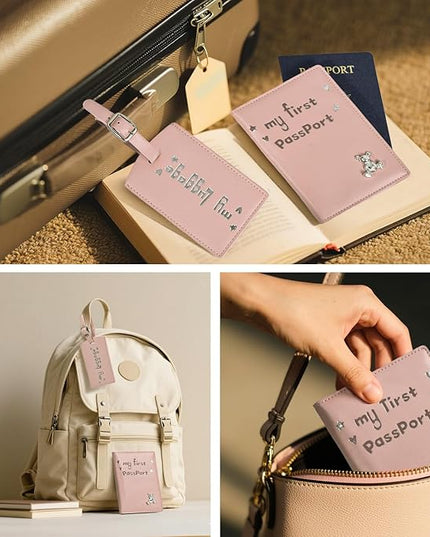 Baby Passport Cover with Travel Luggage Tag, My First Passport Holder With Bear for Girls Boys, Cute Pink Kids Airplane Travle Essentials Accessories Trip Favor Gifts