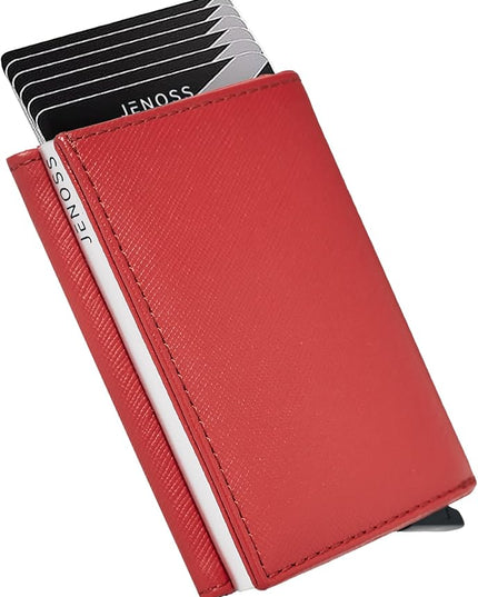 Jenoss Smart Wallet For Men & Women: Full Grain Leather, Handcrafted, Slide Metal Pop Up Case, Slim RFID Blocking Credit Card Holder Minimalist Compact 12 Cards Slot Organizers ID Clip (Red & Silver)