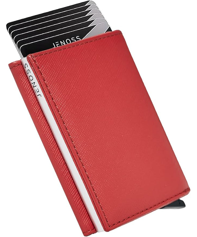 Jenoss Smart Wallet For Men & Women: Full Grain Leather, Handcrafted, Slide Metal Pop Up Case, Slim RFID Blocking Credit Card Holder Minimalist Compact 12 Cards Slot Organizers ID Clip (Red & Silver)
