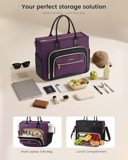 LOVEVOOK Insulated Lunch Bag,2-in-1 Work Tote Bag with Lunch Compartment,Large Capacity Professional Work Bag for Women,15.6 Inch Laptop Bag with Cup Holder for Teacher,Nurse,College,Office,Travel