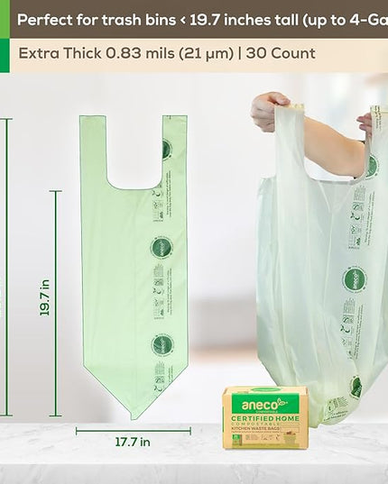 ANECO 4 Gallon Compostable Food Waste Bags with Handles, Extra Thick Compost Bags for Medium Kitchen Garbage/Bathroom Bin, OK Compost HOME & BPI Certified Compostable Bags
