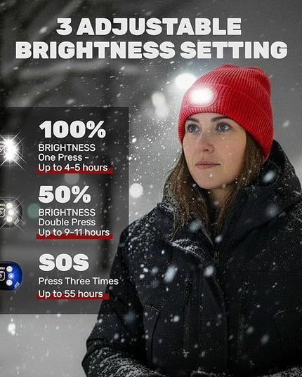 OKKLE Unisex LED Beanie with Light, USB Rechargeable Headlamp Hat, Winter Gifts for Men Women Husband Him Red