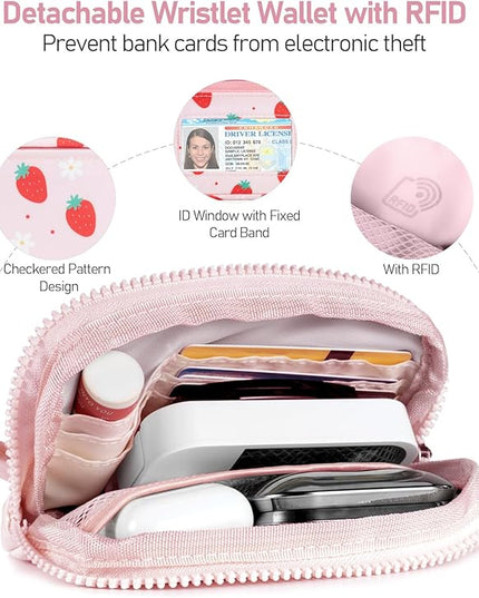 Clip and Go Strap for Phone with Wallet Crossbody Phone Lanyard and Detachable Checkered Bag with ID Window and RFID Pouch for Daily Travel. Strawberry