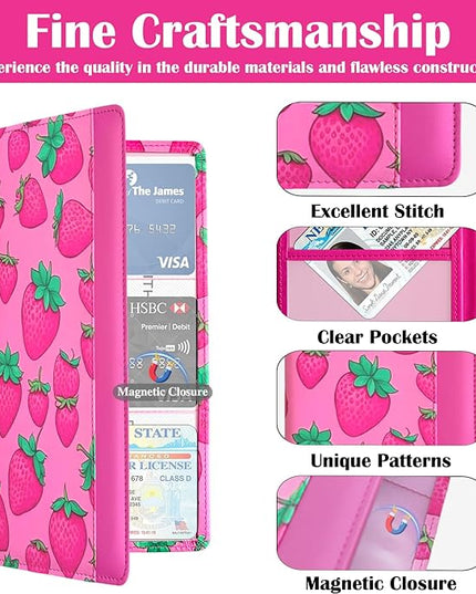 Car Registration and Insurance Holder with Magnetic Closure, Universal Document Organizer for License, Insurance Cards & Glove Box Storage (Strawberry-Hot Pink)