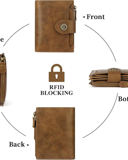 MKSSKEN Wallet Women,Rfid Blocking Leather Womens Wallet,Bifold Compact Carteras Para Mujer Card Holder with Removable ID Window(Apricotcoffee)