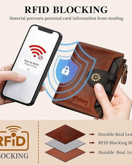 Blucoay Leather Wallet Women,RFID Blocking Womens Wallet Bifold Compact Small Wallet for Women Card Holder with Zip Coin Pocket Brownblack