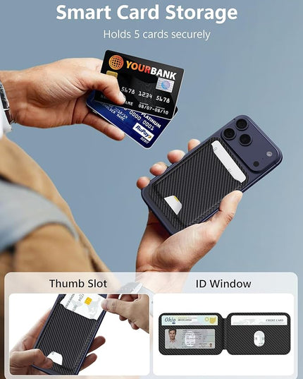 TopMade for Magsafe Wallet, Magnetic Card Holder for iPhone 17/16/15/14/13/12 Series, Strongest Magnetic Phone Wallet Stand Adjustable, 5 Cards Holder, RFID Blocking, ID Window, Black Carbon Fiber