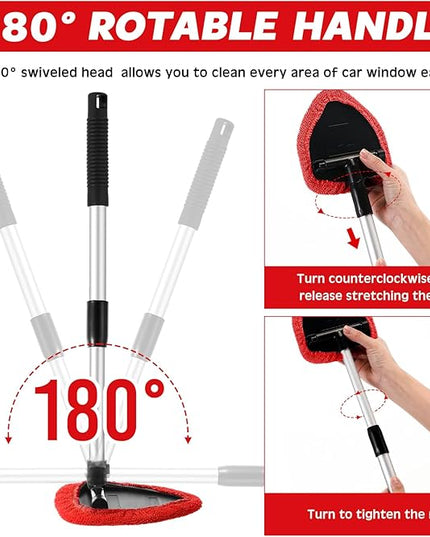 Baderke 10 Pcs Windshield Cleaner Tool Car Window Cleaning Supplies with Extendable Handle Include 6 Washable Microfiber Bonnets 2 Empty 60ml Spray Bottle Glass Wiper Kit(Red)