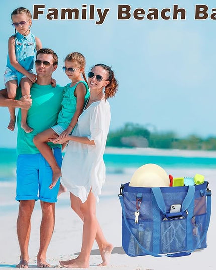 Mesh Beach Bag, Large Beach Tote with Zipper Pocket, Toys Pool Bag for Family Travel Vacation Cruise Essentials
