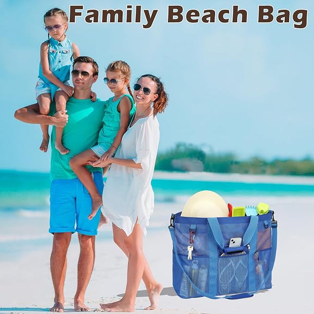 Mesh Beach Bag, Large Beach Tote with Zipper Pocket, Toys Pool Bag for Family Travel Vacation Cruise Essentials