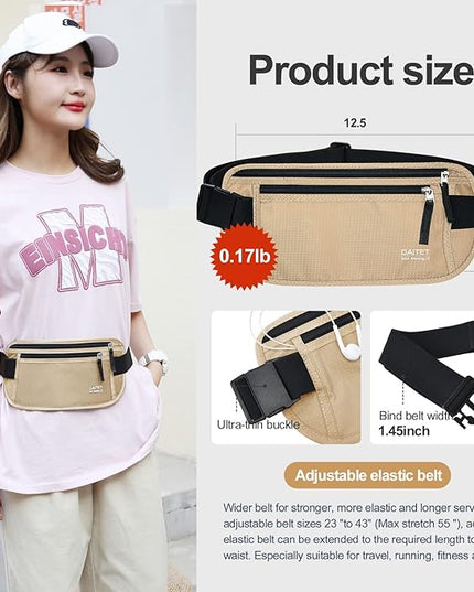 RFID Blocking Money Belt for Men Women, Slim Fanny Pack For Travel，Running,Conceal Waist Wallet For Passport Holder,Phone,Cash(Black Beige), Black Beige