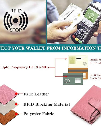 FALAN MULE Women's Genuine Leather Wallet, Compact Size, RFID Blocking, 14 Slots, 2 Zippered Pockets, 2 Bill Compartments, Includes Coin Pouch, Card Holders, AY-Lichee Pink