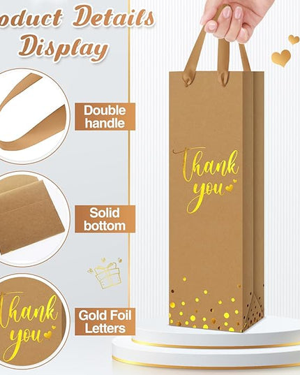 Ctosree 30 Pcs Wine Bottle Gift Bag with Handle 4.3x3.5x13.7 Liquor Paper Bag for Thank You Favor Gold Foil Kraft Whiskey Tote Carrier for Wedding Birthday Bridal Valentine's day Party(Brown)