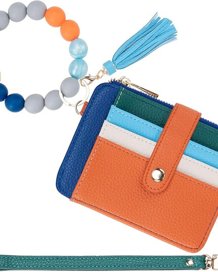 Keychain Wallet with Bracelet RFID Blocking Wristlet Credit Purse Card Holder, Silicone Bead Tassel Key Ring for Women