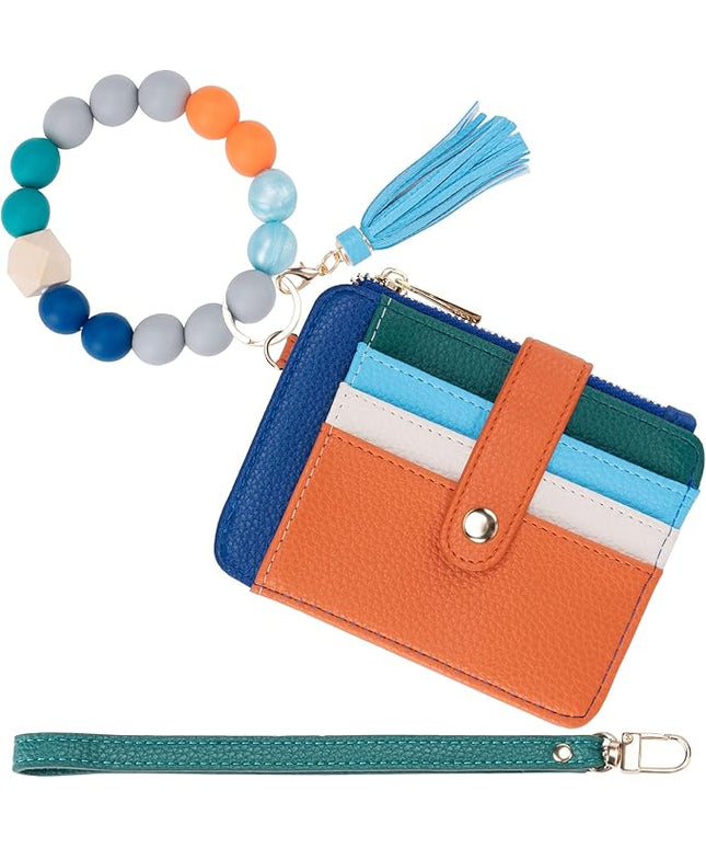 Keychain Wallet with Bracelet RFID Blocking Wristlet Credit Purse Card Holder, Silicone Bead Tassel Key Ring for Women