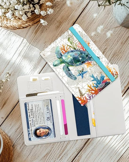 Sea Turtle Leather Passport Holder Cover Blue Ocean Travel Wallet Passport Case with Credit Card Slots for Women Men Travelling Essentials for Flying