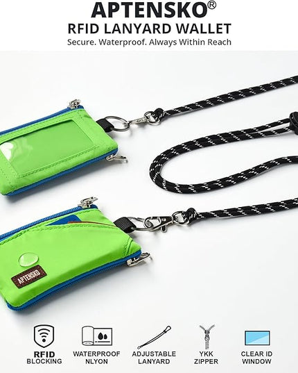 RFID Travel Wallet with Adjustable Lanyard-Zipper Small Wallet with ID Card Holder, Keychain for women&men-Minimalist Slim Waterproof Nylon case for ID, Cash, Key (Green)