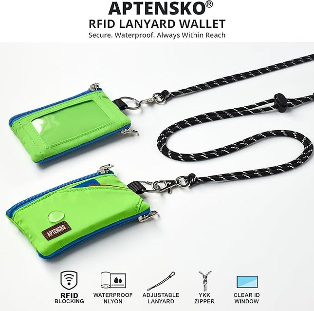 RFID Travel Wallet with Adjustable Lanyard-Zipper Small Wallet with ID Card Holder, Keychain for women&men-Minimalist Slim Waterproof Nylon case for ID, Cash, Key (Green)