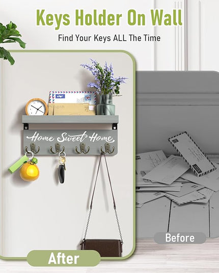 buways Key Holder Wall Mount with 4 Double Hooks-Solid Wood Wall-Mounted Organizer for Keys&Mail Rustic Key Rack Hanger Holder Home Decor for Entryway Living Room (Gray)