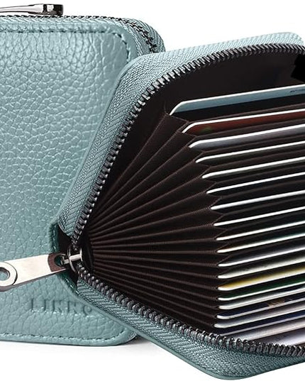 Linno RFID 20 Slots Credit Card Holder Genuine Leather Small Wallet for Women or Men with Zipper