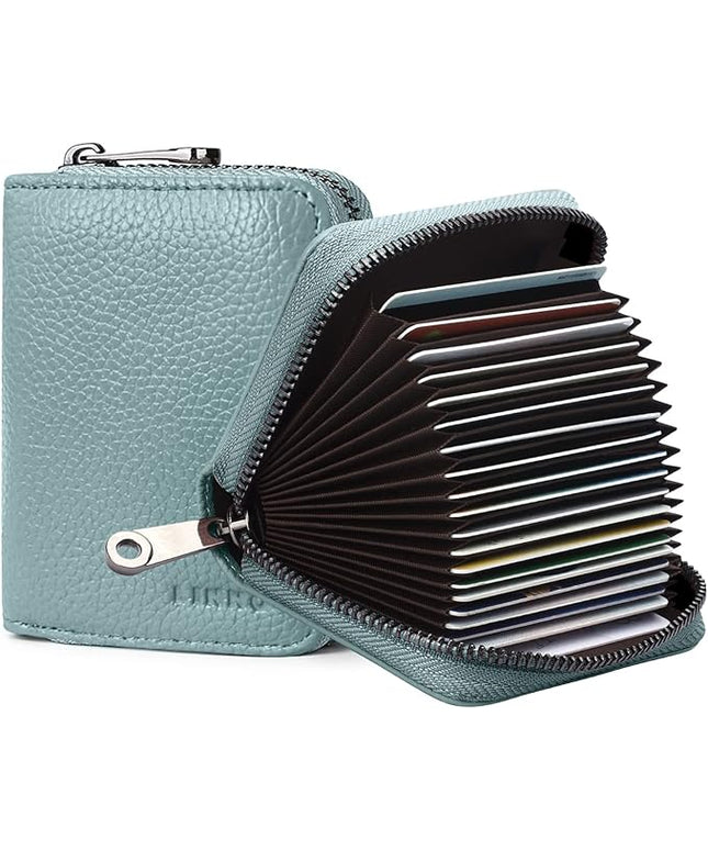 Linno RFID 20 Slots Credit Card Holder Genuine Leather Small Wallet for Women or Men with Zipper