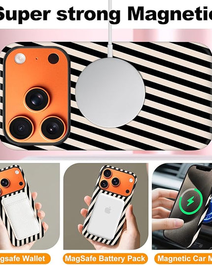 Magnetic for iPhone 17 Pro Case Cute Diagonal Stripes Phone Case, Shockproof Slim TPU and Hard PC Protective Phone Cover Compatible with MagSafe Designed for Women Girls,Black and White
