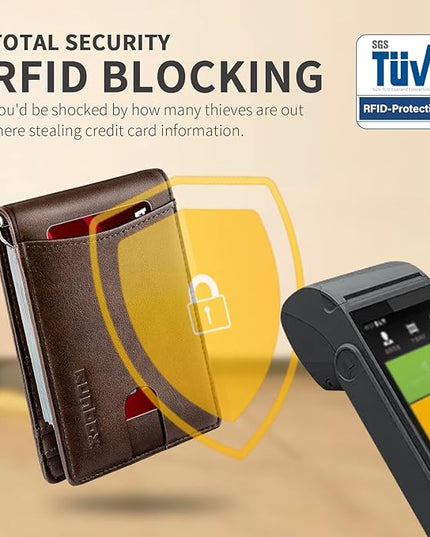 RUNBOX Slim Wallet for Men Genuine Leather RFID Blocking Bifold Minimalist Front Pocket Mens Wallet with Money Clip Thin Gift Box