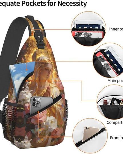 Our Lady of Guadalupe Sling Bag Crossbody Bags Clovers Chest Bag for Travel Hiking for Men Women Golden Mary 6