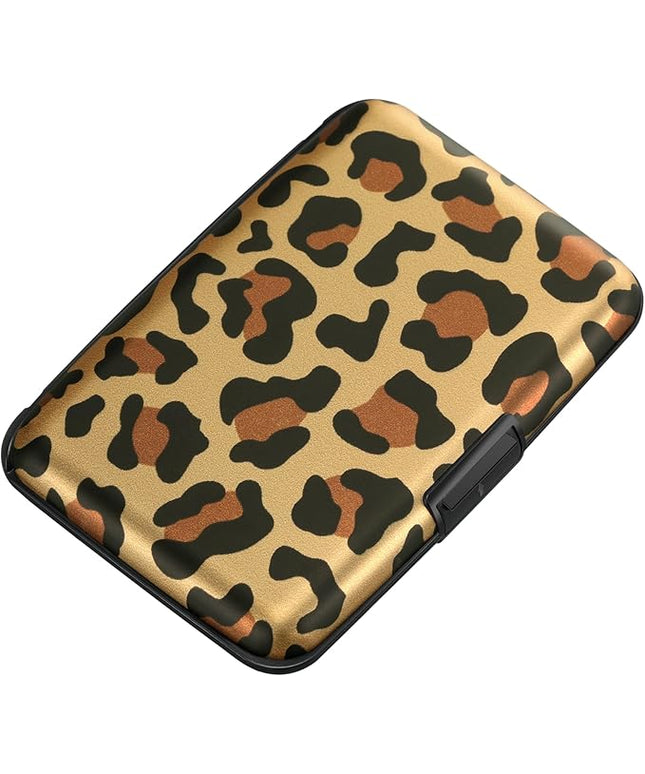 ELFISH Mini RFID Aluminum Wallet Credit Cards Holder Business Card Case Metal ID Case for Men Women（Leopard