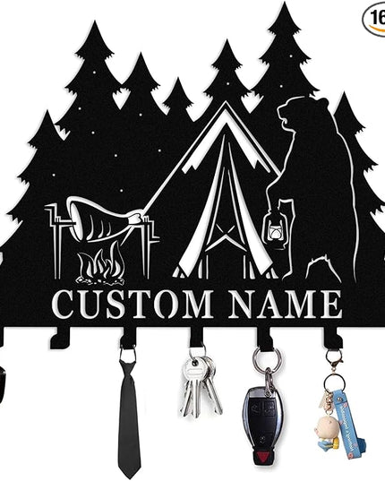 Nygu6Bja Personalised Metal Key Rack Hooks,Camp Theme Key Holder with Name,Custom Key Holder for Wall,Home Sweet Home Decor,Housewarming Gift Camp 1