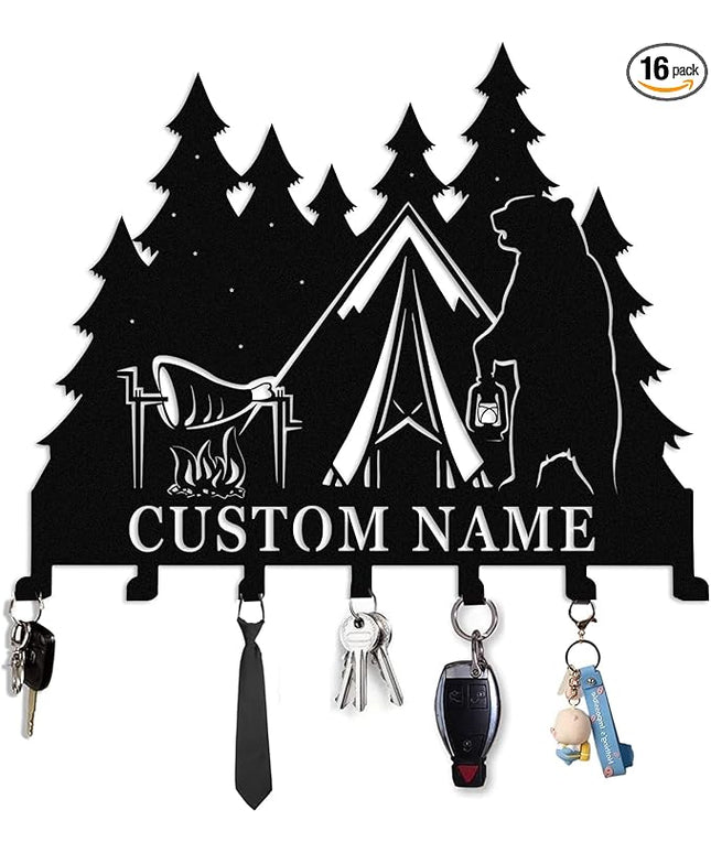 Nygu6Bja Personalised Metal Key Rack Hooks,Camp Theme Key Holder with Name,Custom Key Holder for Wall,Home Sweet Home Decor,Housewarming Gift Camp 1