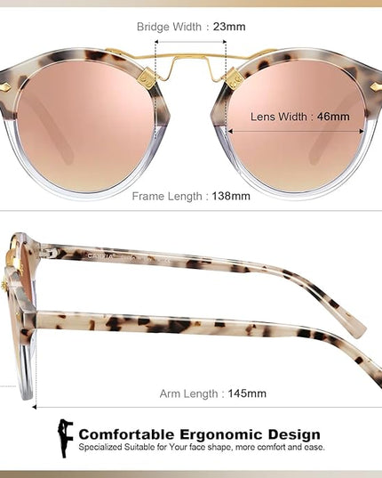 CARFIA Small Face Acetate Polarized Sunglasses for Women UV Protection, Retro Double Bridge Eyewears Metal Brow Round Sunnies