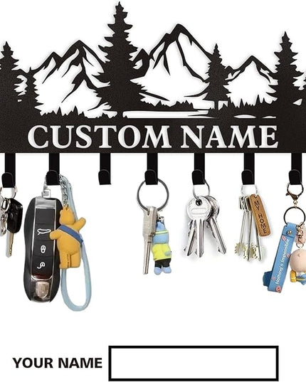 Dyoart Personalized Custom Mountain Theme Key Holder with Name, Metal Wall Mount, Coat Rack, Key Hooks, Home Decor Gift