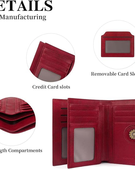 Blucoay Wallet Women,RFID Blocking Real Leather Womens Wallet Bifold Compact Card Holder Small Wallet for Women with Removable ID Window Red