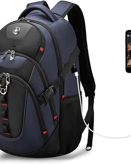 Swissdigital Design Laptop Backpack with USB Charging Port, Travel Backpack Fits 15.6 inches Computer, 31L College School Backpack for Men, Blue/Black | SD803-12 | Water Repellent