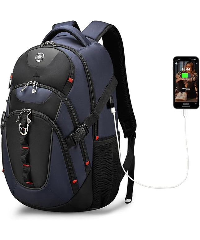 Swissdigital Design Laptop Backpack with USB Charging Port, Travel Backpack Fits 15.6 inches Computer, 31L College School Backpack for Men, Blue/Black | SD803-12 | Water Repellent