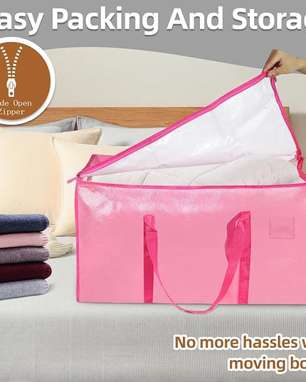 12 Pack-Extra Large Heavy Duty Moving Bags - Waterproof Storage Totes with Handles & Zippers, Foldable for College Dorm, Storage (Pink)