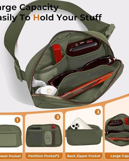Cwualo Belt Bag Zipper Fanny Pack Crossbody Bags for Women,Fashion Nylon Waist Packs, Water Repellent Two Way wear with Adjustable Strap Gifts for Teenage Girls Women Men(dark green)