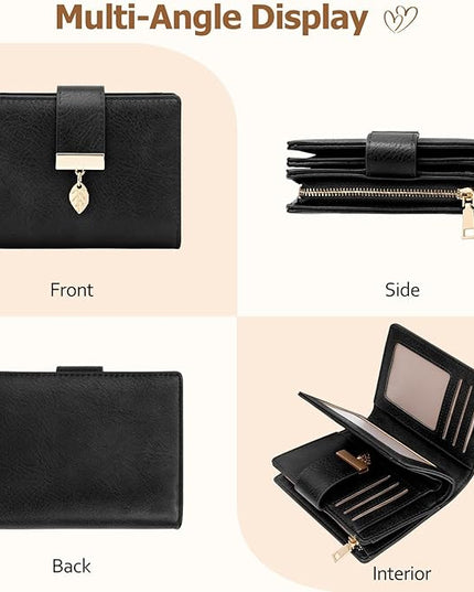 HUANLANG Small Wallets for Women Rfid Blocking Leather Bifold Credit Card Holder Ladies Wallet Zipper Pocket with ID Window