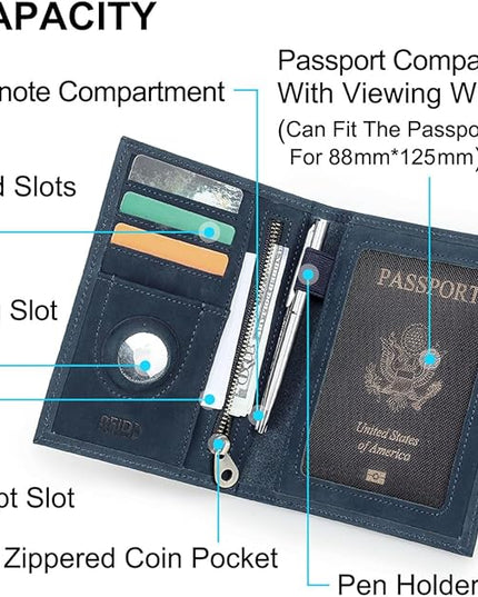CONTACTS Full Grain Leather Passport Holder RFID Blocking Travel Passport Wallet Compatible with Airtag Passport Cover Case with 4 Card Slots, Coin Pocket (US Passport Stamp, Blue)